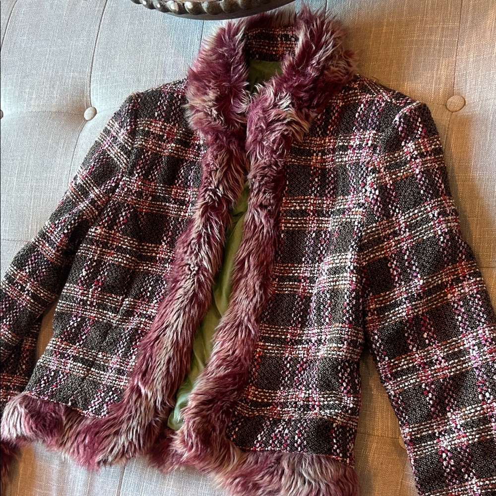 True Meaning Vintage Y2K Tweed Faux Fur Blazer Jacket Size 4 - Picture 3 of 7